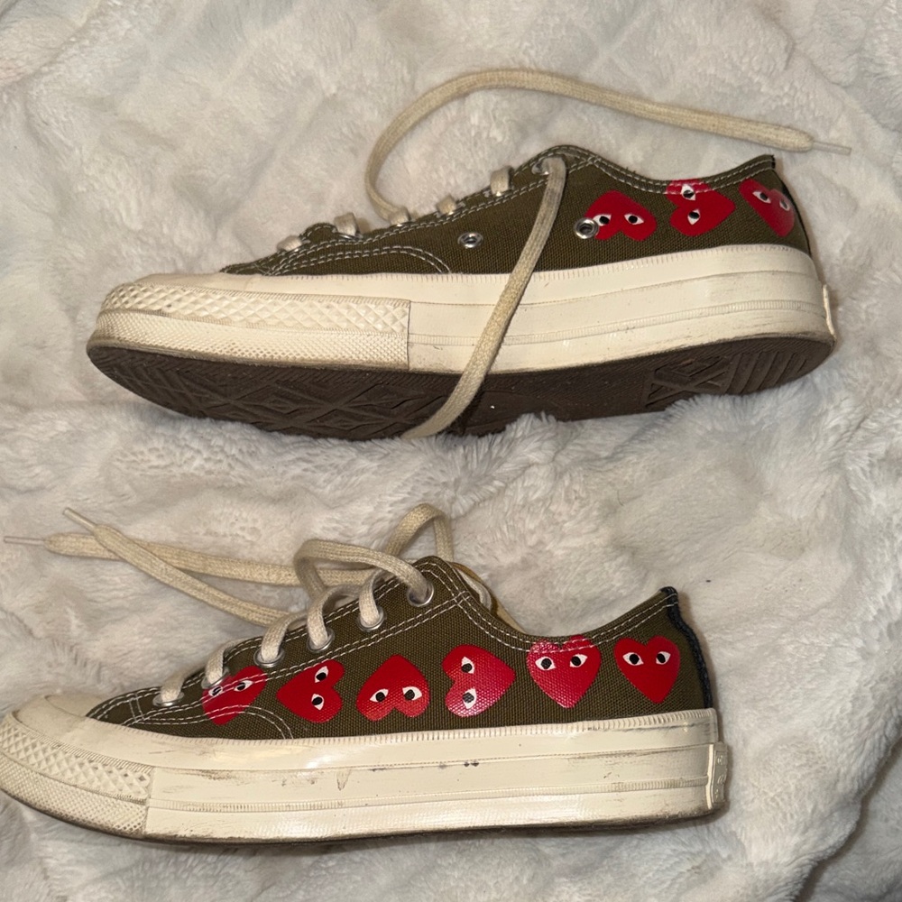 Converse Olive Green Sneakers with Red Heart Accents